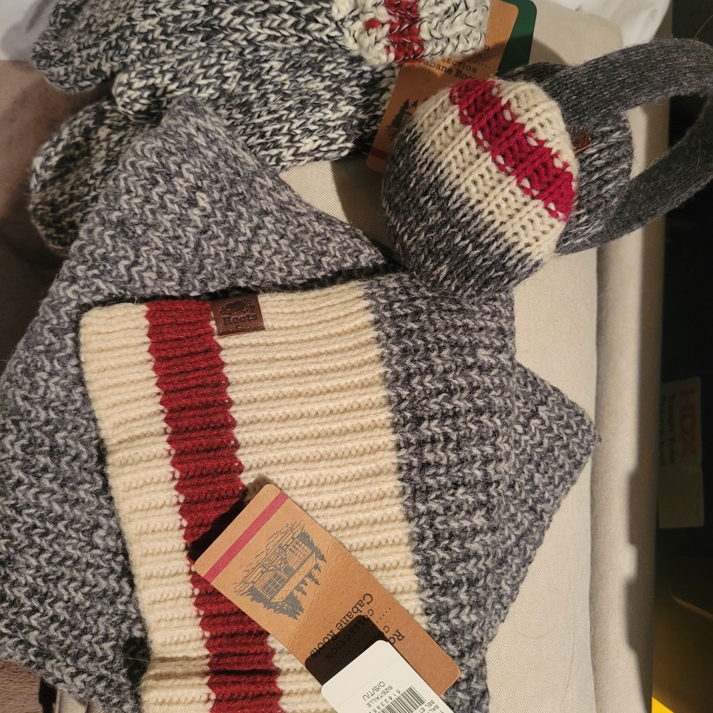 Gray and Cream Knit Set with Red Accents